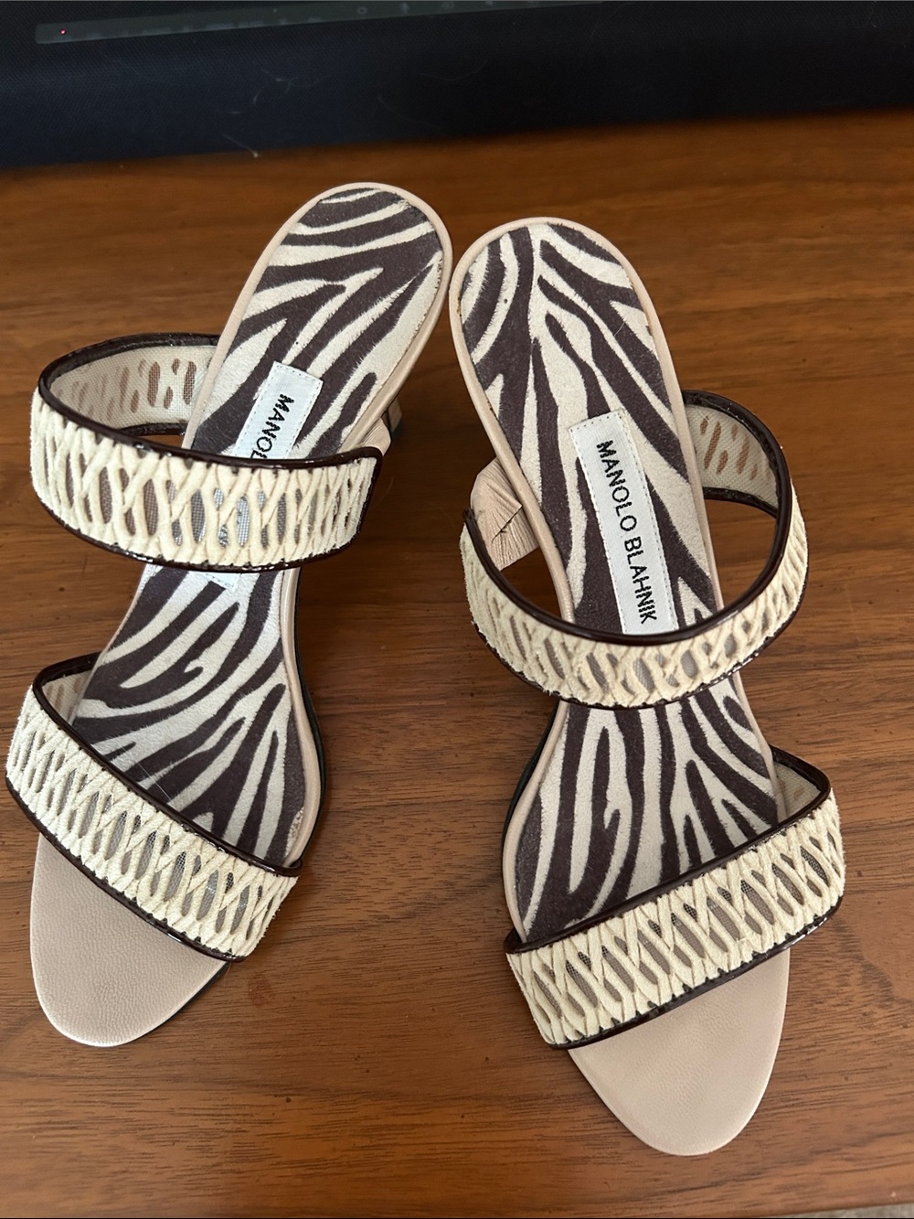 Manolo Blahnik Cream Braided-Strap Zebra Insole Slide Sandals